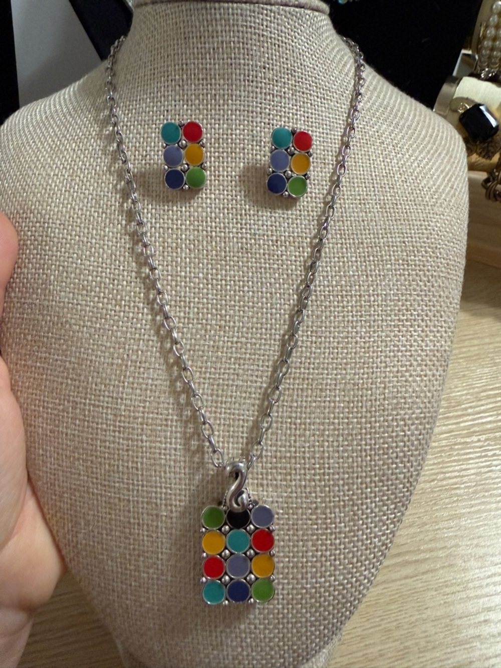 Vintage Multi-Color Tile Pendant Necklace and Earrings Set